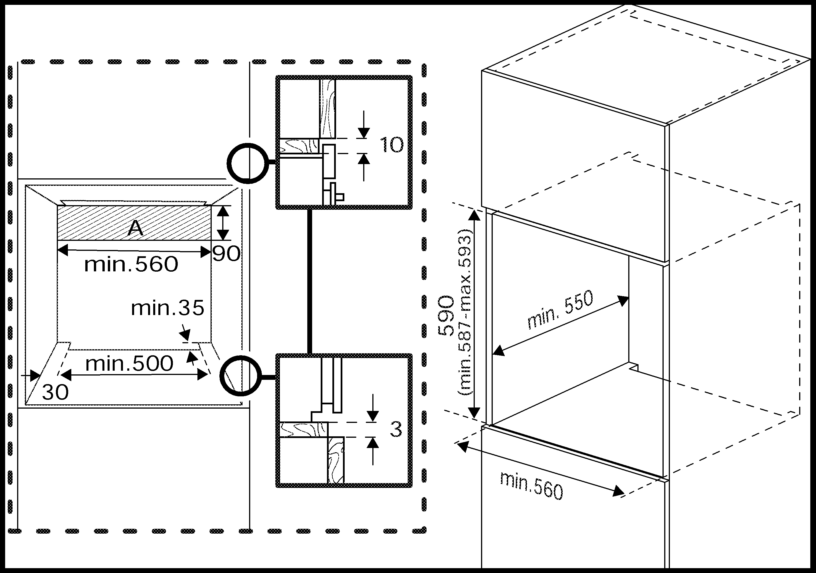 A telepítés méreteit mutató diagram. Tartalmazza a szélesség, mélység és magasság méreteit milliméterben.