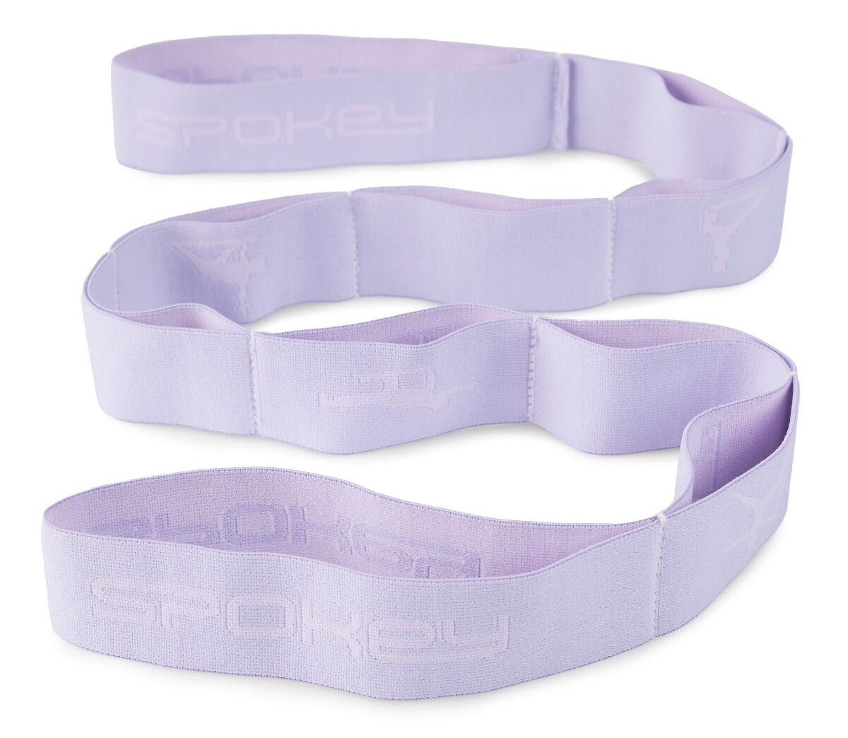 Jasnofioletowa taśma do rozciągania Spokey leży na białej powierzchni. Widoczne jest słowo Spokey, a taśma jest złożona.