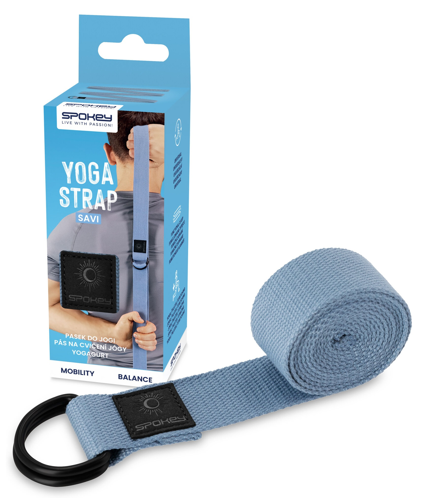 Pasek do jogi, zwinięty i zapakowany, z marką Spokey. Pasek jest jasnoniebieski i ma czarny pierścień.