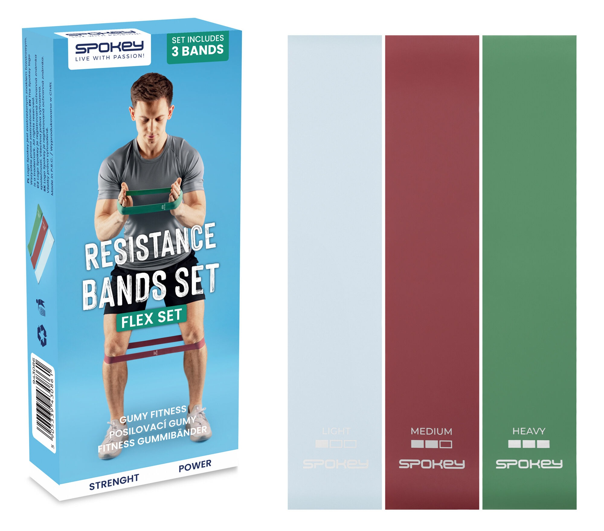 Mężczyzna trzymający zieloną taśmę oporową. Zestaw pudełkowy pokazuje mężczyznę z taśmami i trzema kolorowymi taśmami.