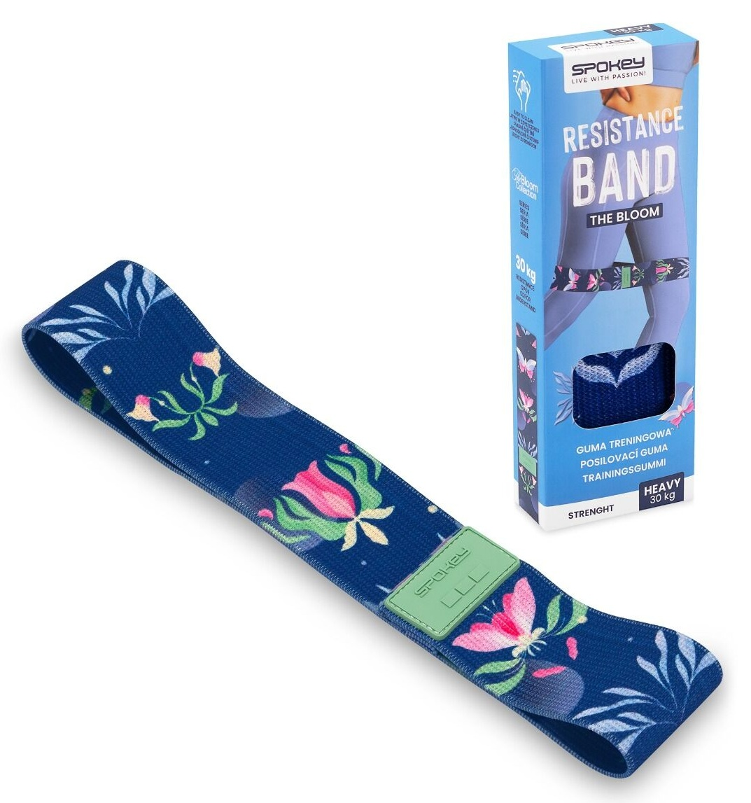Niebieska taśma oporowa z kwiatowymi wzorami i pudełko z napisem 'Resistance Band The Bloom'.