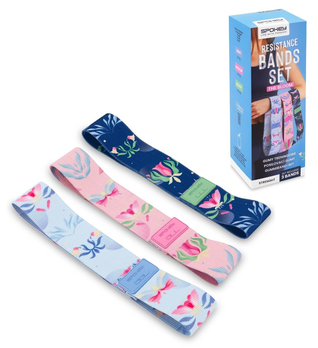 Zestaw taśm oporowych z kwiatowymi wzorami w kolorze niebieskim, różowym i jasnoniebieskim, z opakowaniem.