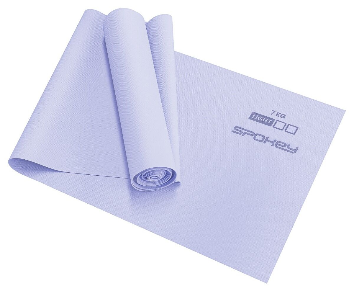 Jasnofioletowa mata do jogi częściowo zwinięta. Mata ma napis '7 KG LIGHT SPOKEY'.