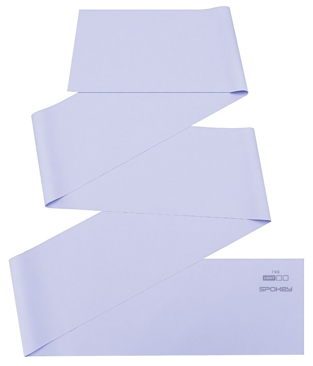 Jasnofioletowa taśma fitness jest ułożona na białym tle. Ma nadrukowaną nazwę marki i szczegóły dotyczące wagi.