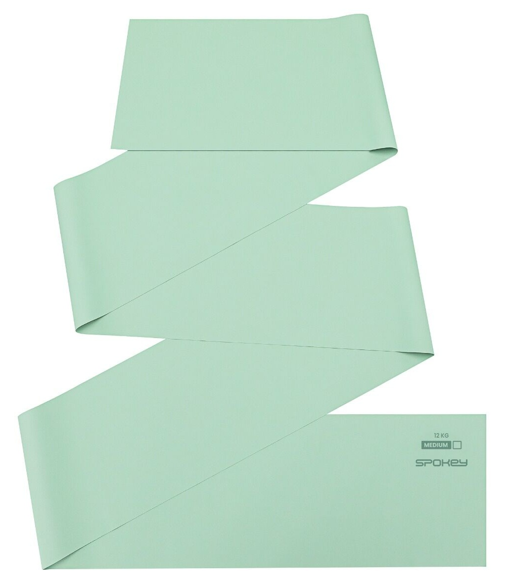Jasnozielona taśma oporowa na białym tle. Oznaczona jako '12 KG MEDIUM' i 'SPOKEY'.