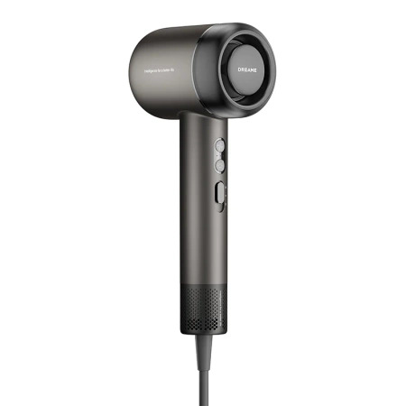 Szara suszarka do włosów z okrągłą głowicą i uchwytem z przyciskami, przewód jest szary. Ma markę DREAME.