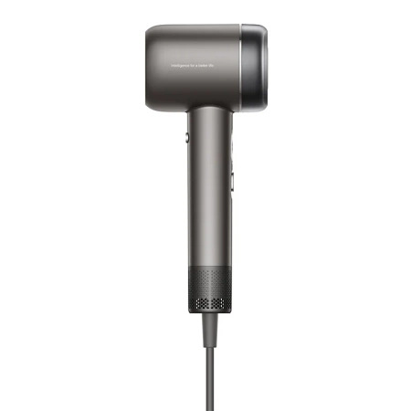 Szara suszarka do włosów z ciemnoszarym uchwytem i czarnym wylotem powietrza. Przewód jest szary.