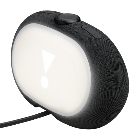 Czarna, owalna lampa smart z białym światłem. Ma przyciski na górze i kabel. Widoczny jest wykrzyknik.
