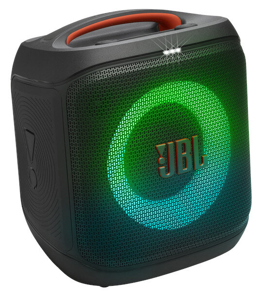 Czarny głośnik JBL z pomarańczowym uchwytem i zielono-niebieskim świecącym pierścieniem. Widoczne logo JBL. Trzy białe światła na górze.