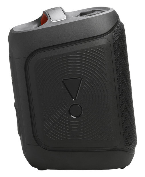 Czarny głośnik przenośny ze srebrnym uchwytem. Z przodu ma trójkątny i okrągły przycisk.