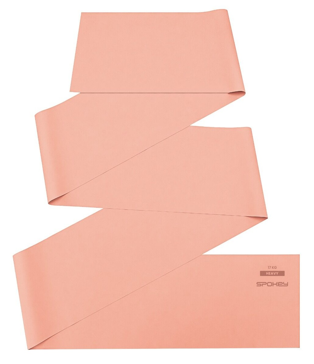 Brzoskwiniowa taśma oporowa Spokey na białym tle. Oznaczona jako 17 kg Heavy. Taśma jest złożona.