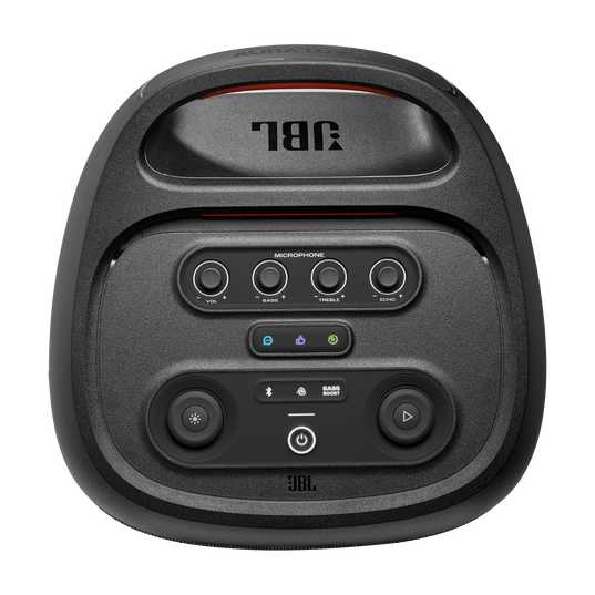 Czarny głośnik JBL PartyBox. Posiada przyciski do regulacji głośności, basów, tonów wysokich, echa i zasilania. Widoczne jest logo JBL.