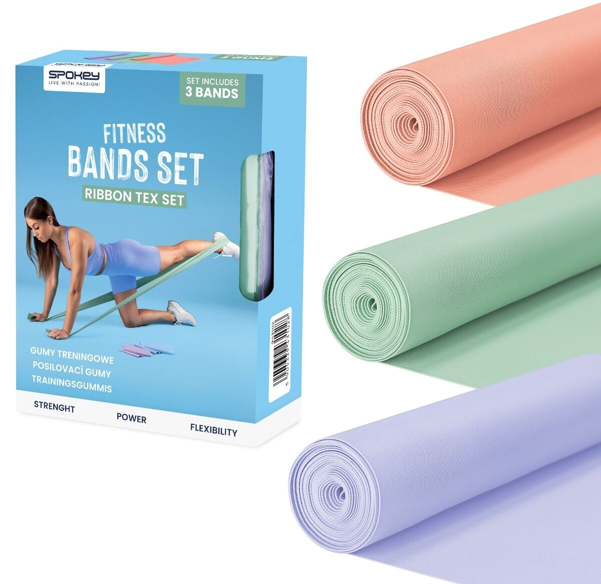 Pudełko zestawu taśm do ćwiczeń obok trzech zwiniętych taśm w różnych kolorach. Kobieta wykonuje ćwiczenie z taśmą.
