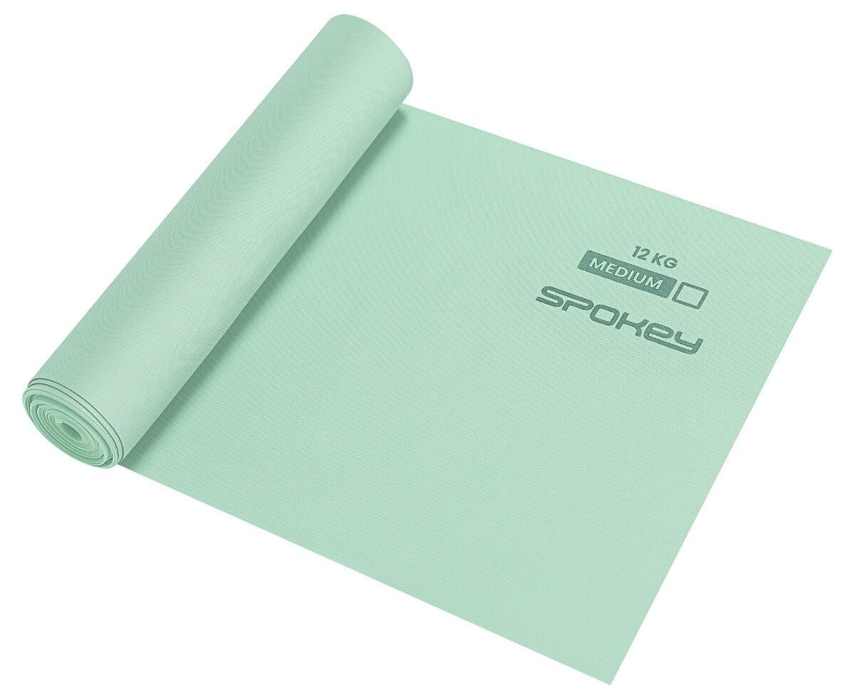 Zwinięta jasnozielona mata do jogi z logo 'Spokey' i tekstem wskazującym 12 KG i Medium.