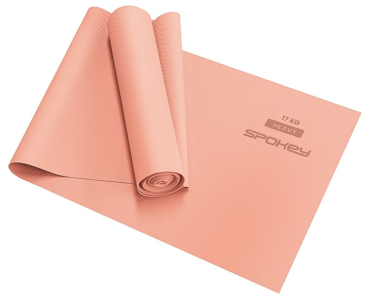 Brzoskwiniowa mata do ćwiczeń, częściowo zwinięta. Tekst '17 KG HEAVY SPOKEY' jest nadrukowany.