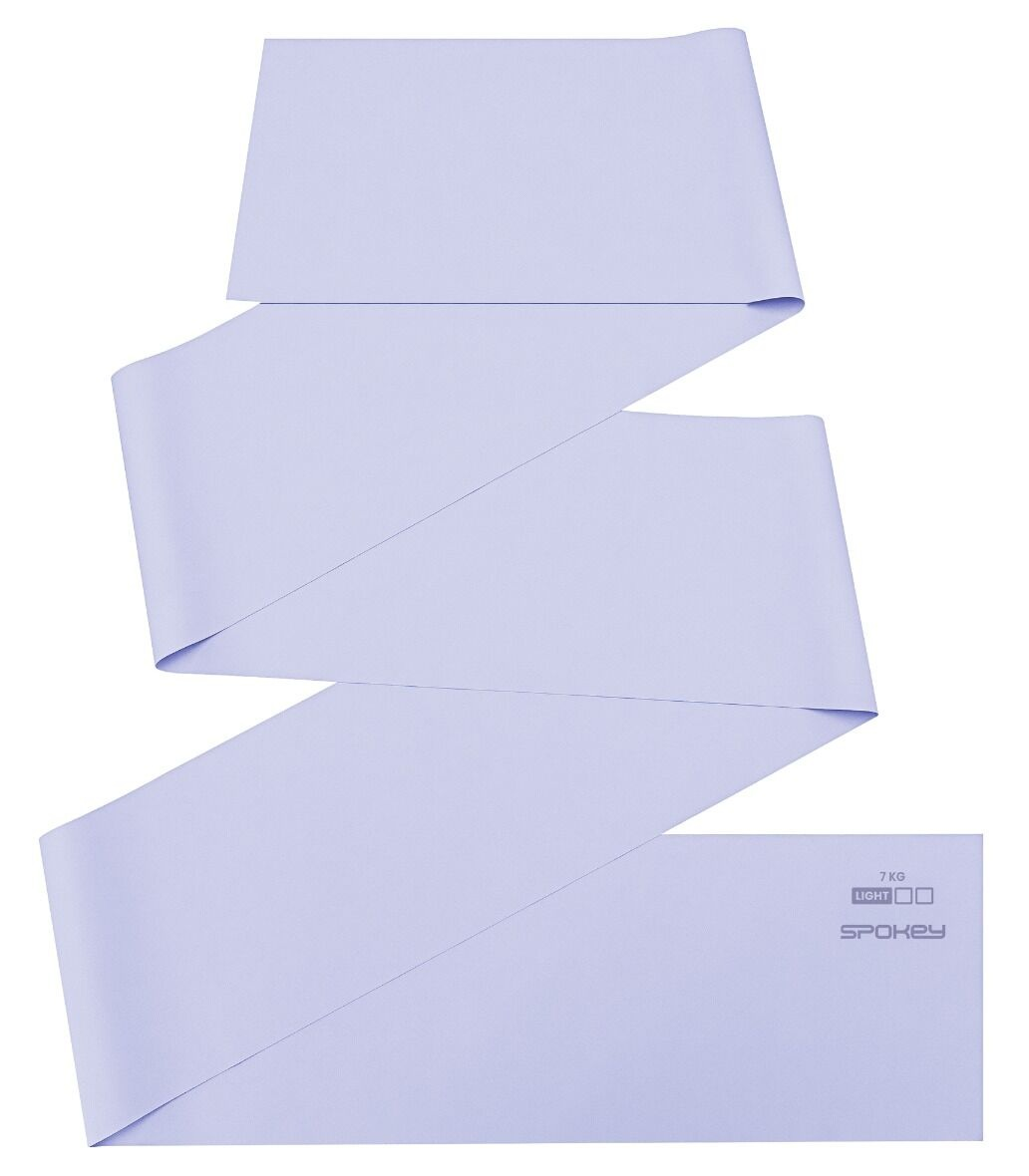 Jasnofioletowa taśma oporowa Spokey. Złożona w zygzak. Taśma jest oznaczona napisem '7 KG LIGHT' oraz marką.