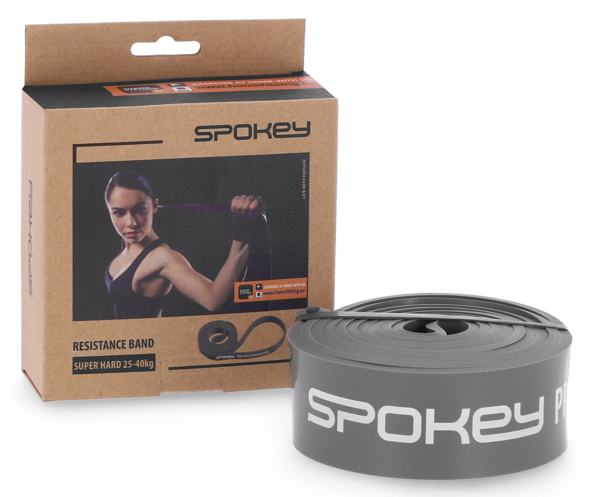 Szara taśma oporowa Spokey i jej pudełko. Na pudełku kobieta z taśmą.