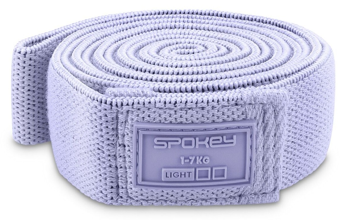 Jasnofioletowa taśma oporowa Spokey jest zwinięta. Etykieta wskazuje 1-7 kg i 'LIGHT'.