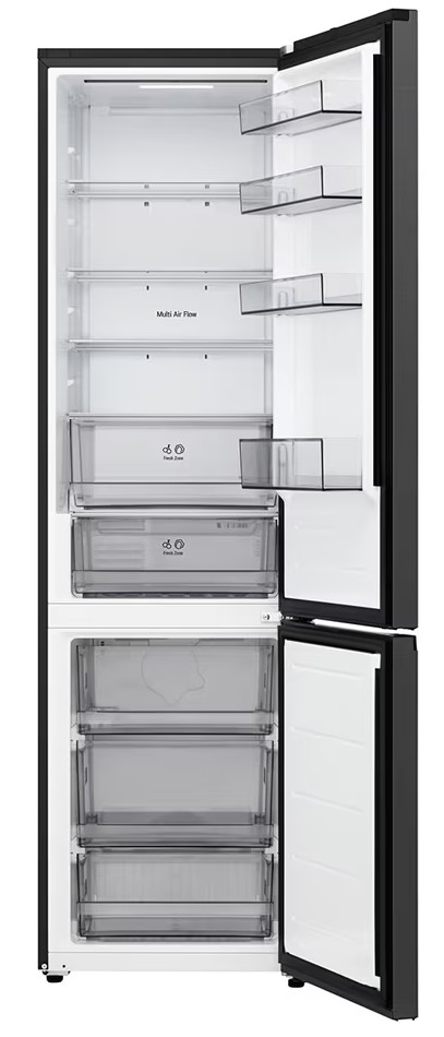 Widok wnętrza otwartej lodówki. Widoczne półki, szuflady i przegrody. Obecne etykiety Multi Air Flow i Fresh Zone.