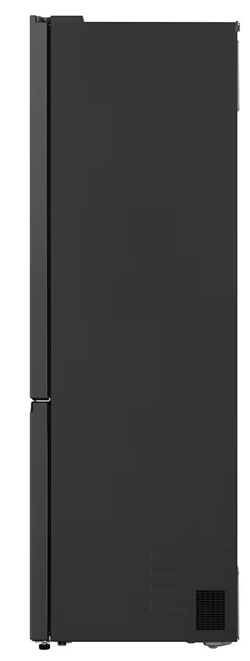 Widok z boku czarnej lodówki. Drzwi mają uchwyt i są lekko uchylone. U dołu widoczny jest otwór wentylacyjny.