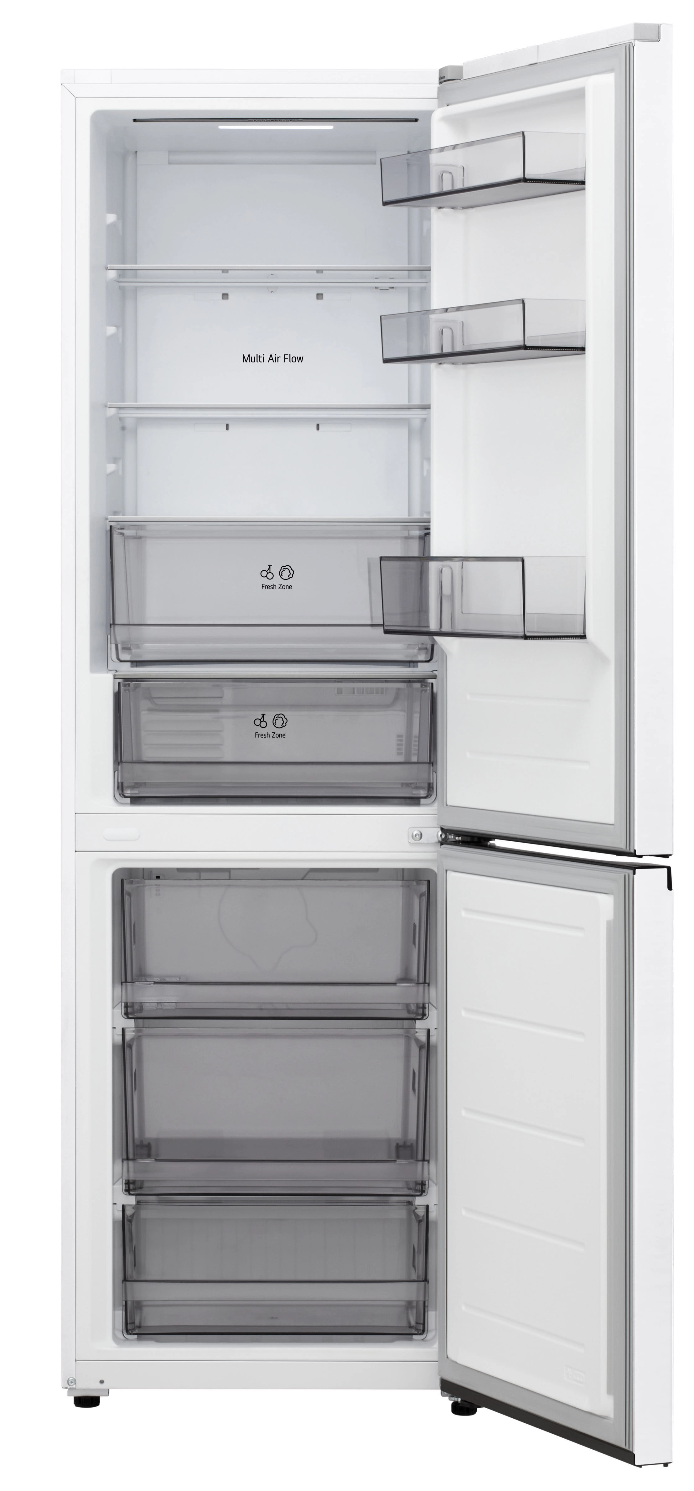 Otwarta biała lodówka. Wnętrze z półkami, szufladami i przegródkami. Jedne drzwi otwarte. Widoczne przezroczyste pojemniki.