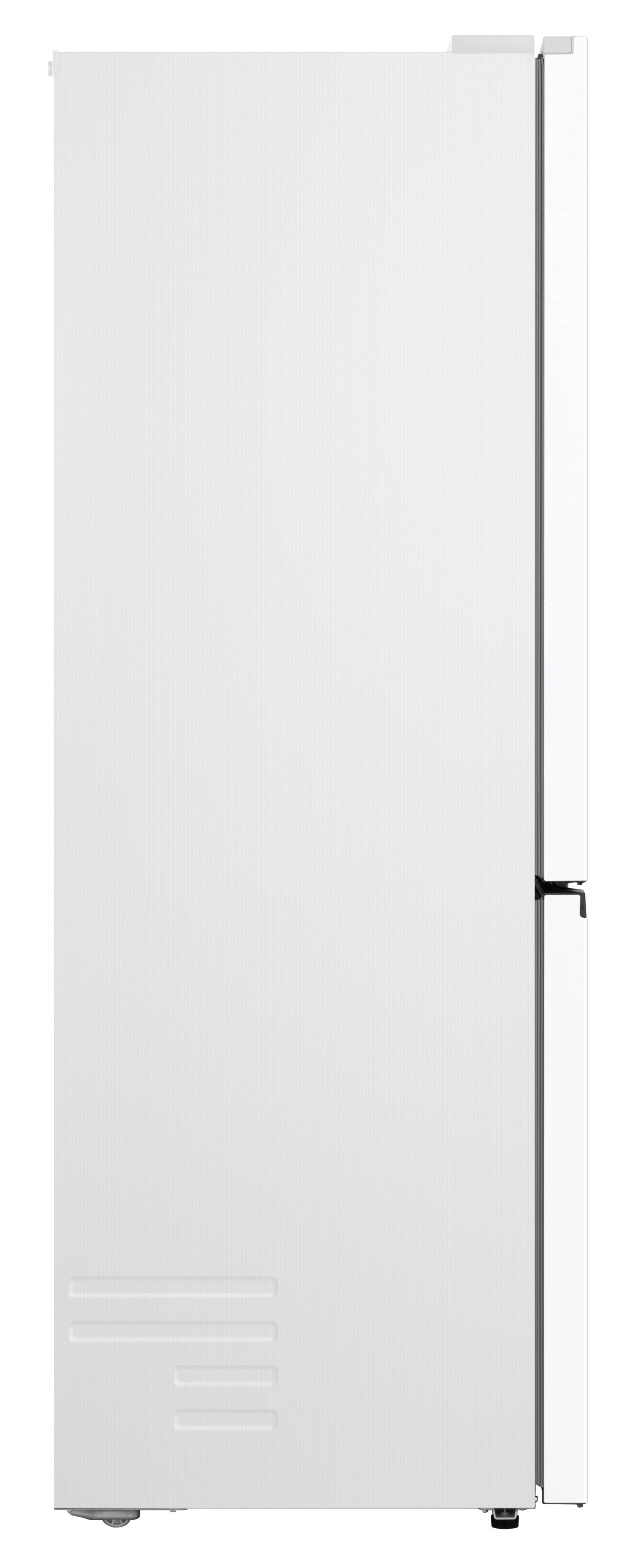 Biała lodówka na białym tle. Ma uchwyt i kilka linii na dole. Drzwi są zamknięte.