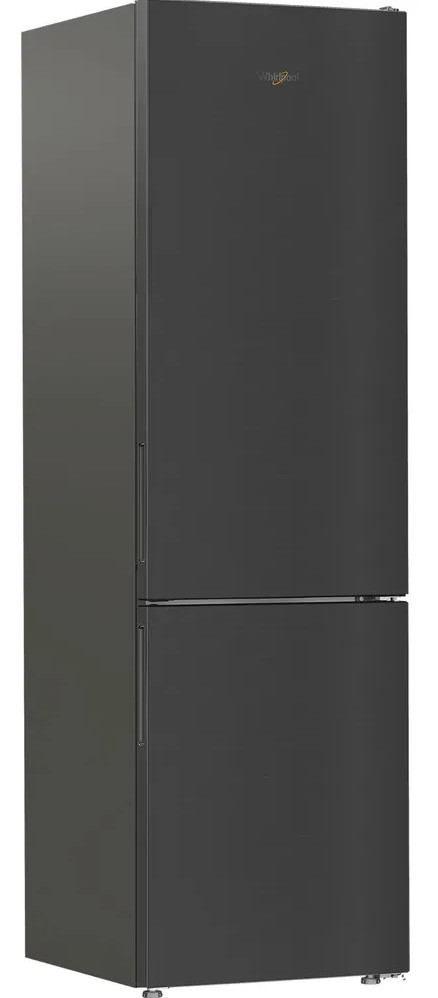 Ciemnoszara lodówka Whirlpool. Ma dwoje drzwi i pionowe uchwyty. Logo Whirlpool znajduje się na górze.