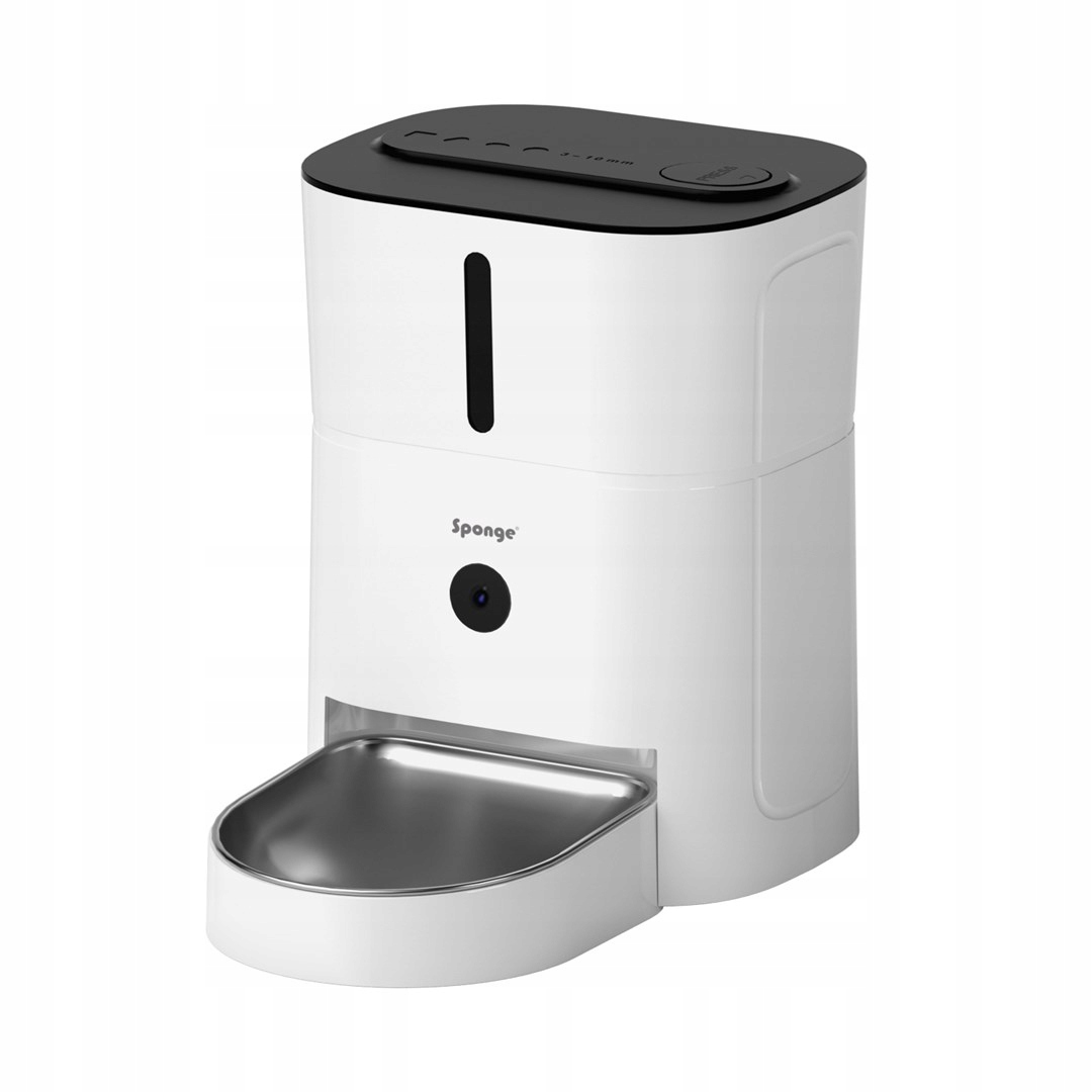 Biały dozownik karmy dla zwierząt z czarnym blatem. Ma miskę ze stali nierdzewnej i przycisk. Marka to "Sponge".