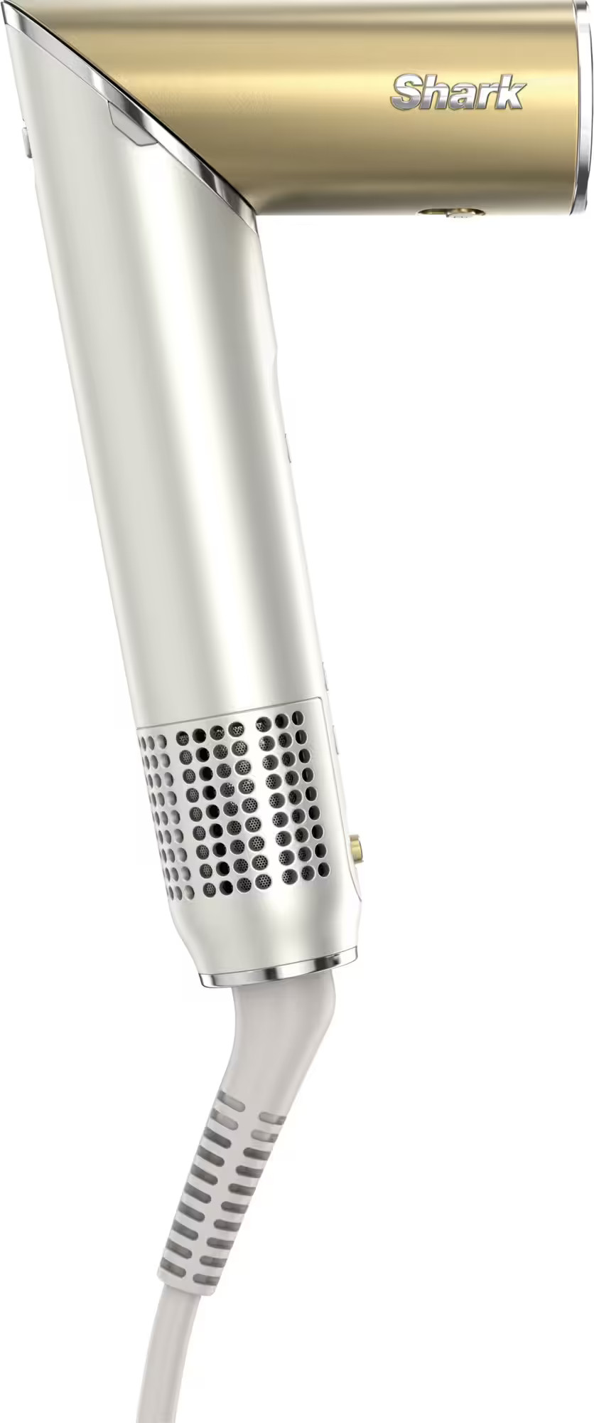 Biała i złota suszarka do włosów Shark. Rękojeść jest biała, lufa złota. Przewód jest biały. Tło jest białe.