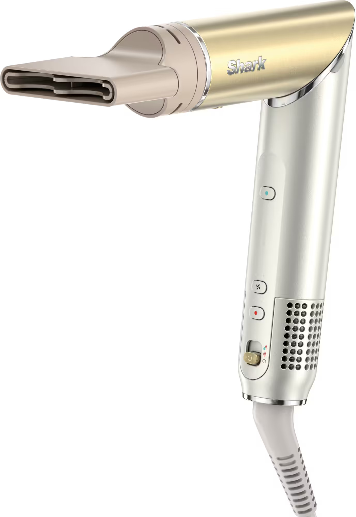 Kremowo-złota suszarka do włosów Shark. Ma kilka przycisków i dyszę. Przewód jest biały. Tło jest białe.