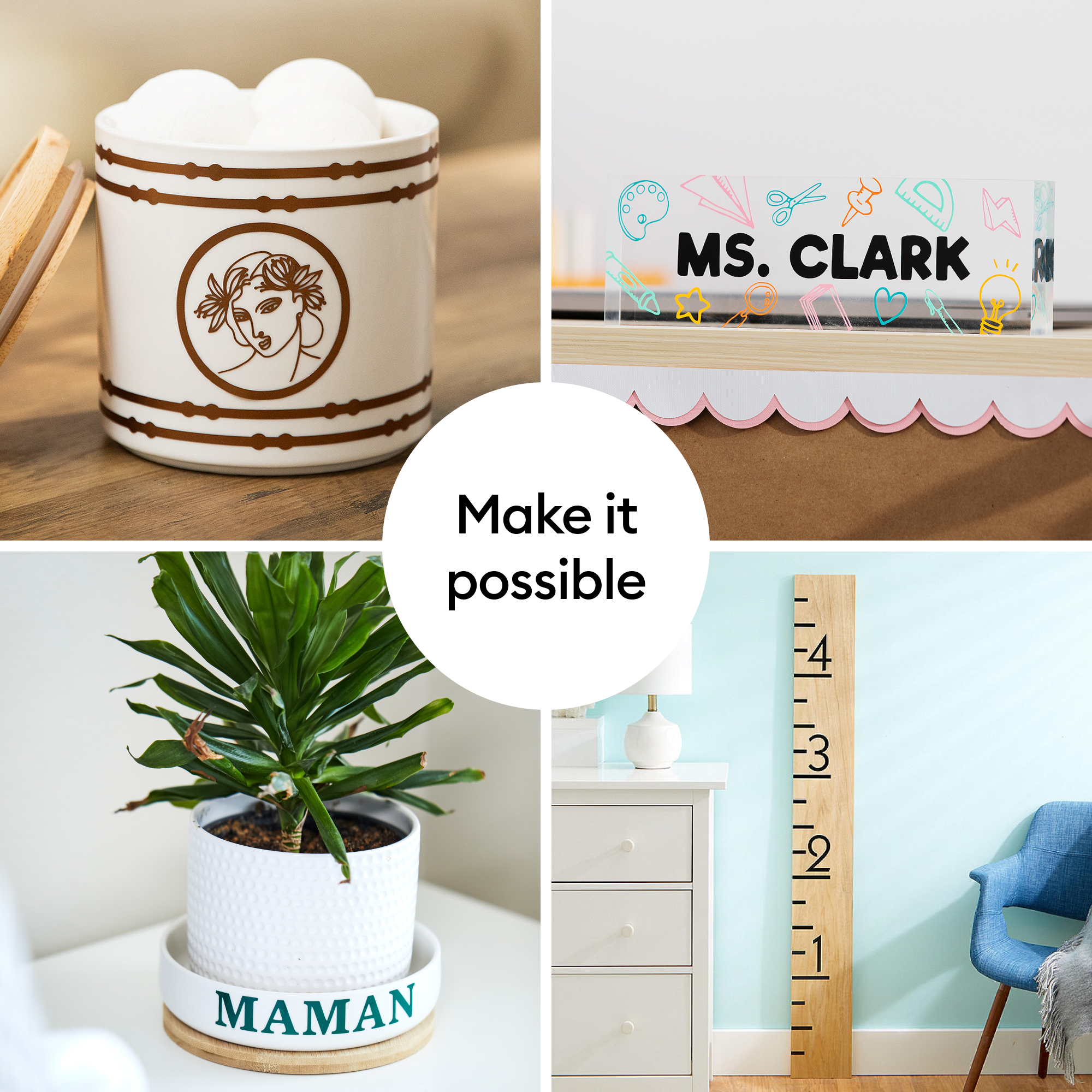 Das Bild zeigt eine Collage aus vier Teilen. Sie beinhaltet ein dekoriertes Glas, ein 'Ms. Clark'-Schild, einen Blumentopf und eine Maßtabelle.