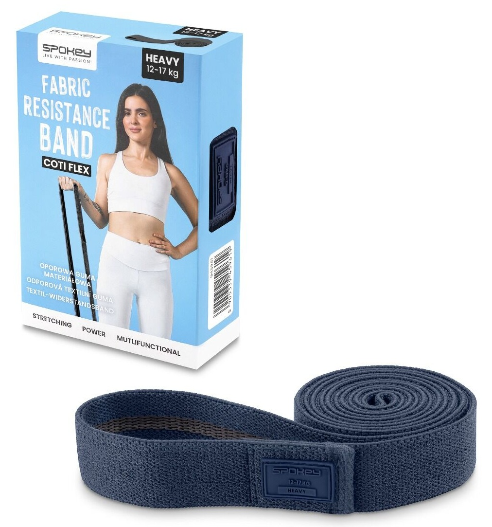 Niebieska taśma oporowa z materiału i jej pudełko. Na pudełku kobieta w stroju sportowym. Tekst: Fabric Resistance Band, Heavy, 12-17 kg.