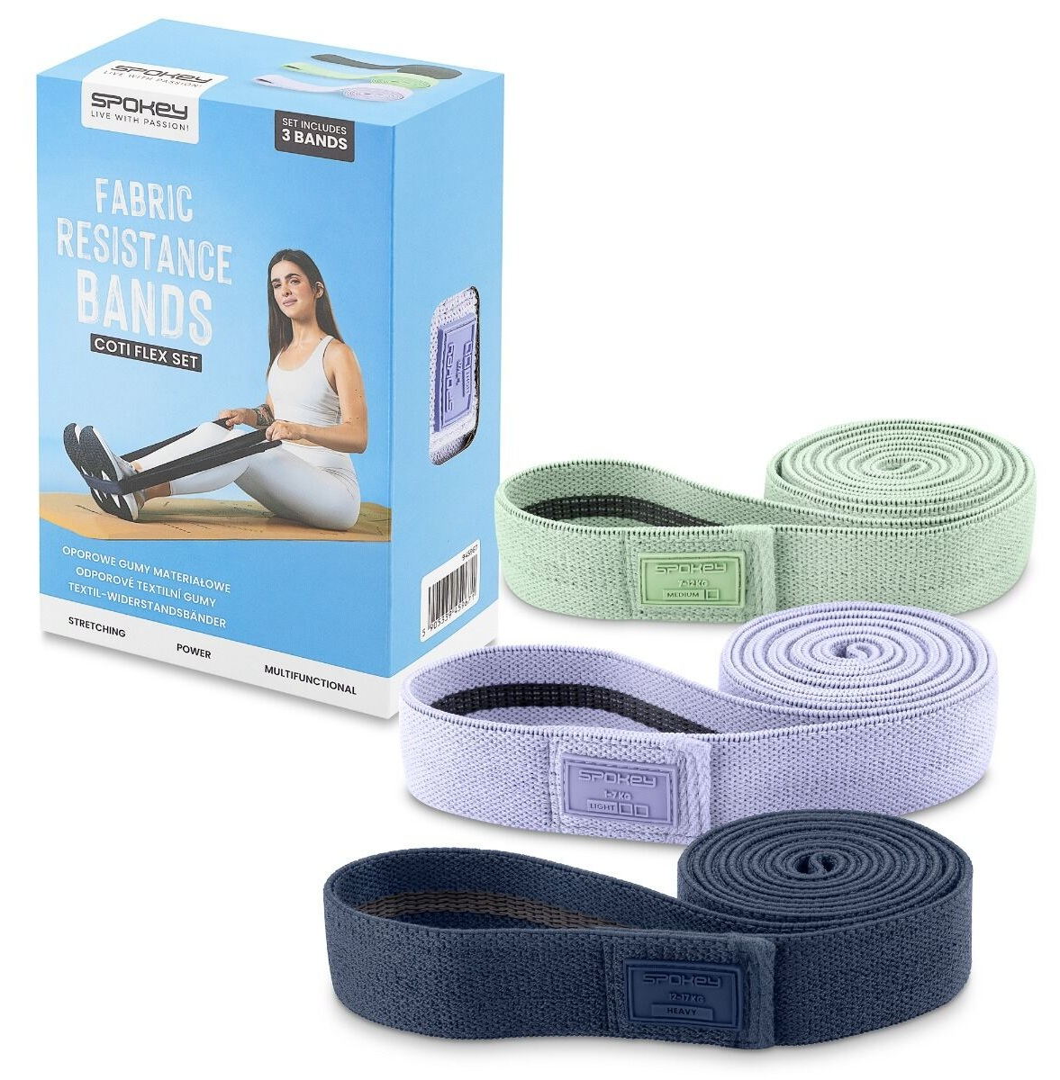 Obraz przedstawia gumy oporowe i pudełko. Na pudełku kobieta używa gum. Są trzy kolorowe gumy: zielona, fioletowa i niebieska.