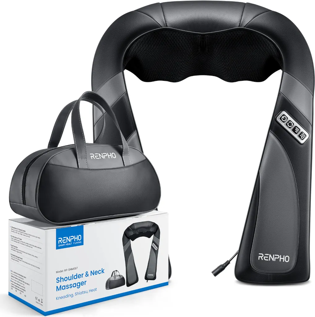 Czarno-szary masażer szyi i ramion RENPHO z torbą do przenoszenia i pudełkiem produktu jest pokazany.