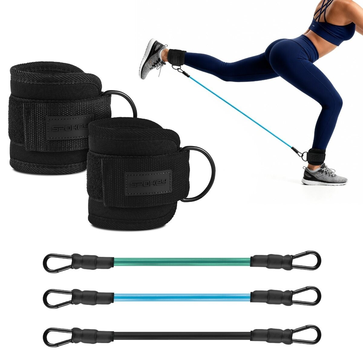 Kobieta ćwiczy z taśmami oporowymi przymocowanymi do pasków na kostkach. Widoczne czarne paski i taśmy. Akcesoria do treningu fitness.