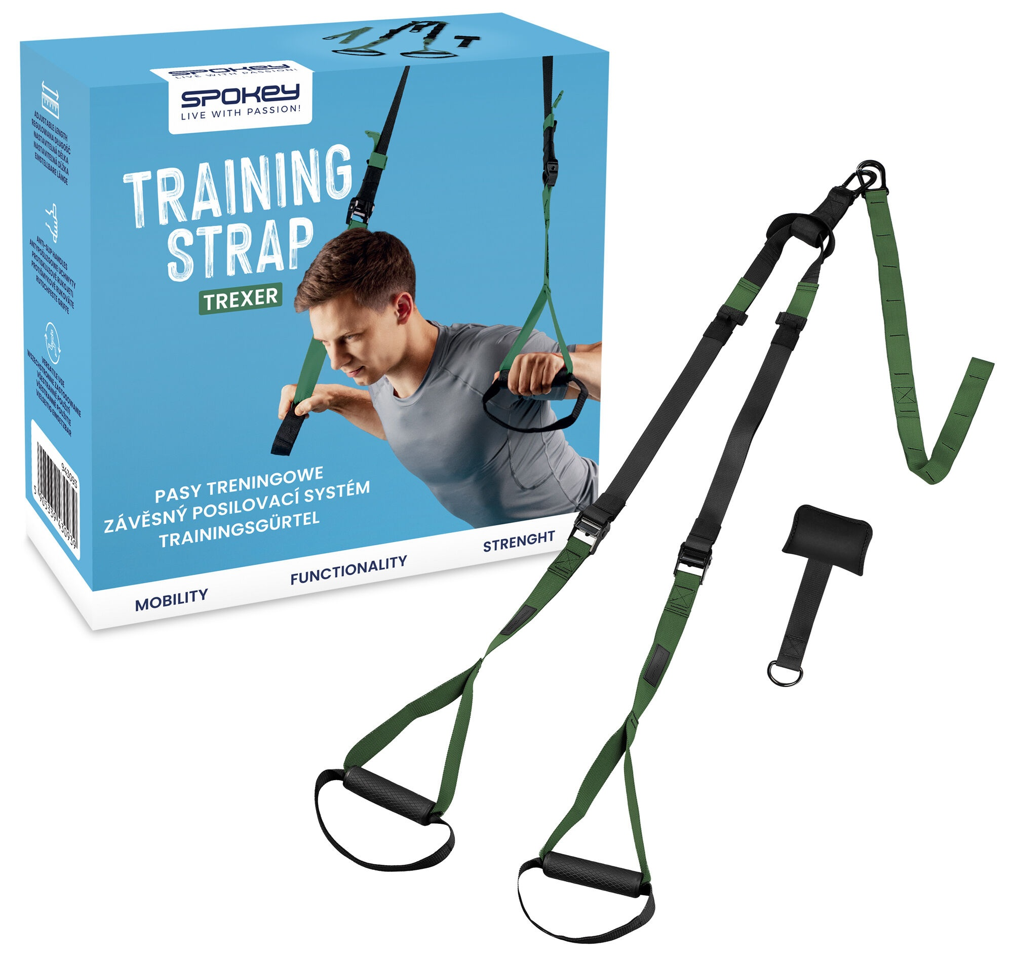 Zestaw pasów treningowych z mężczyzną w tle. Na pudełku napis 'Training Strap'. Pasy są czarne i zielone.