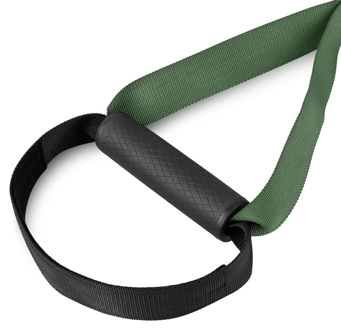 Czarny i zielony pasek do ćwiczeń z czarnym uchwytem. Uchwyt ma teksturowany uchwyt, a paski są wykonane z tkaniny.