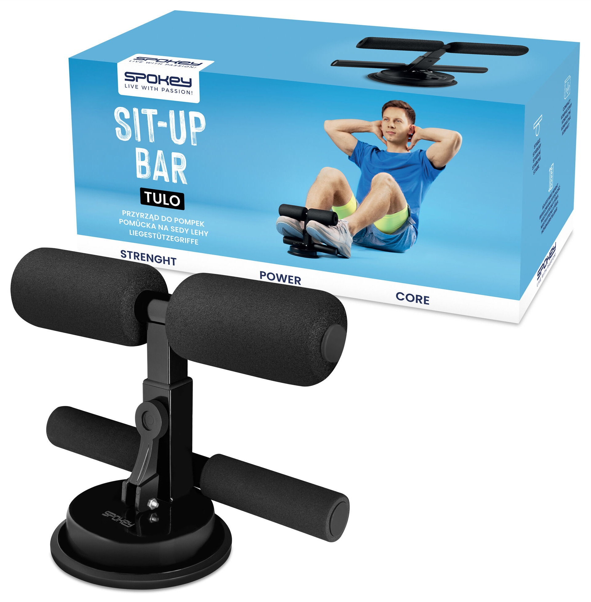 Zdjęcie przedstawia czarny drążek do brzuszków z piankowymi rolkami i mężczyznę robiącego brzuszki na pudełku.