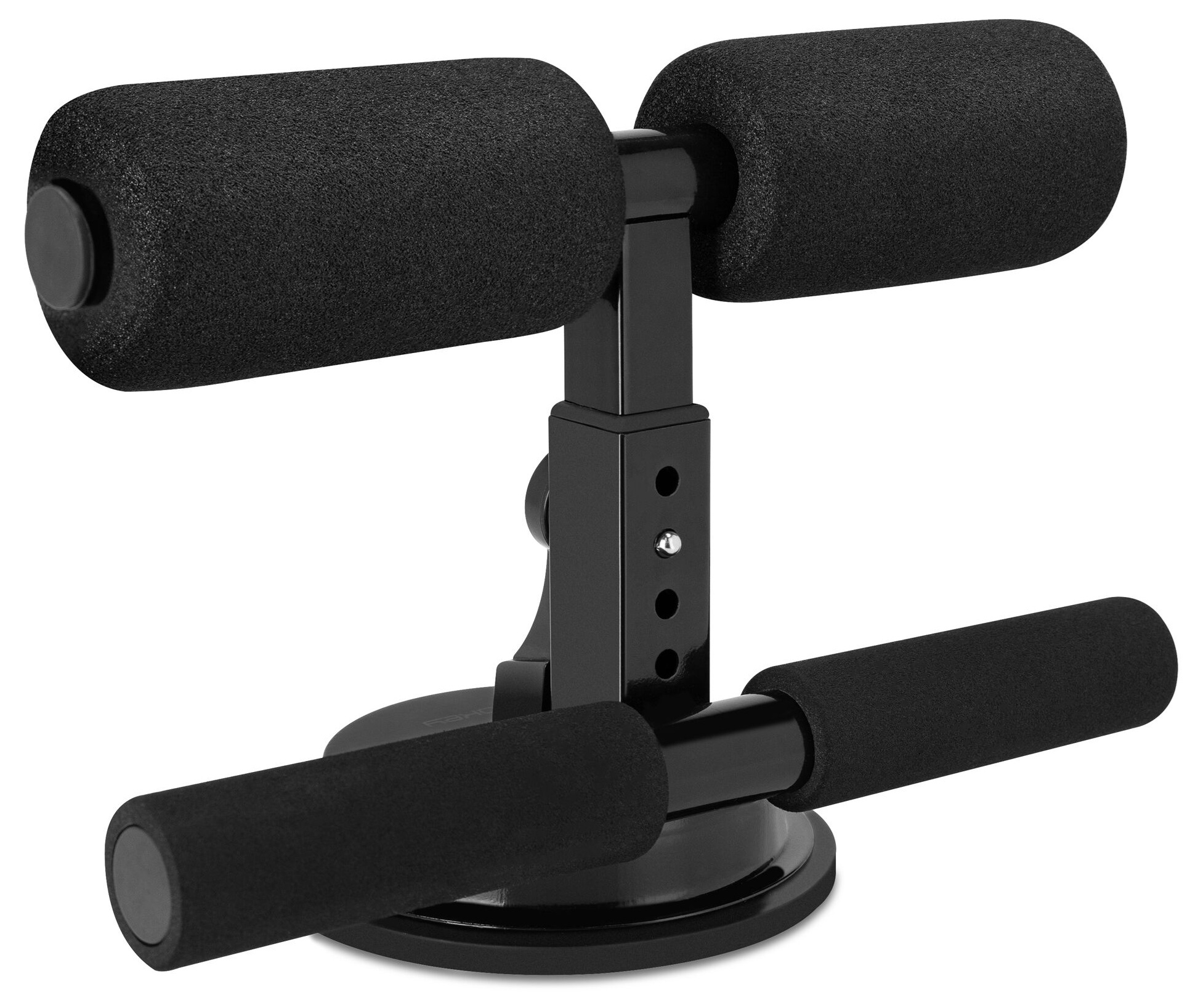 Czarny przyrząd do brzuszków z piankowymi rolkami i podstawą z przyssawką. Rama jest z czarnego metalu.