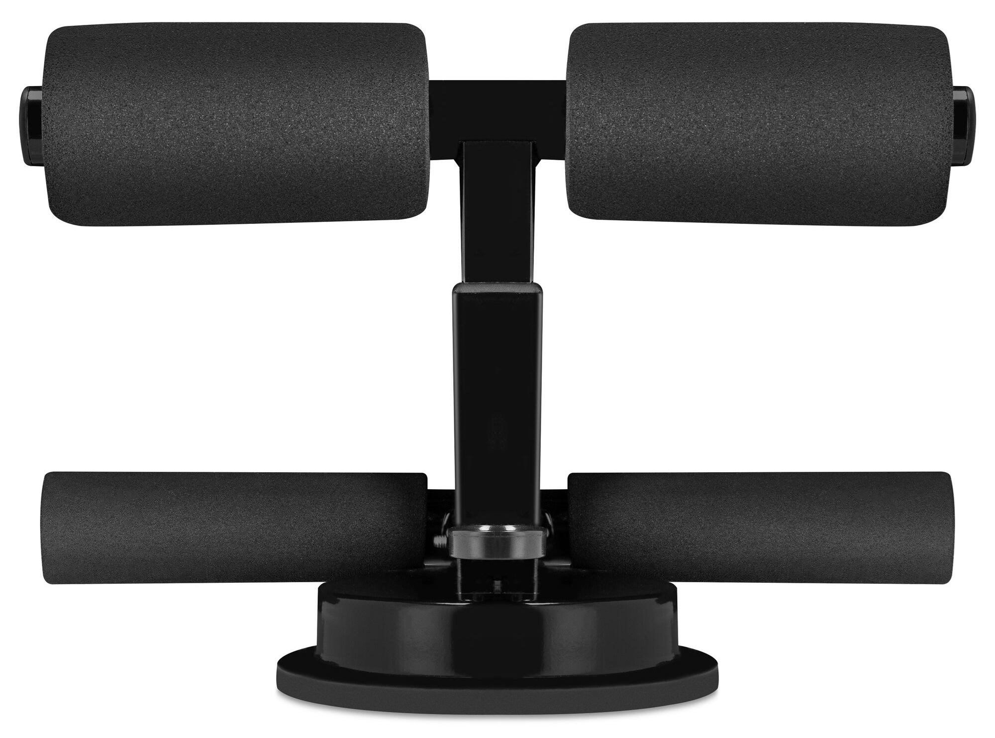 Czarna maszyna do wspomagania brzuszków. Posiada wałki piankowe, centralne wsparcie i podstawę. Tło jest białe.