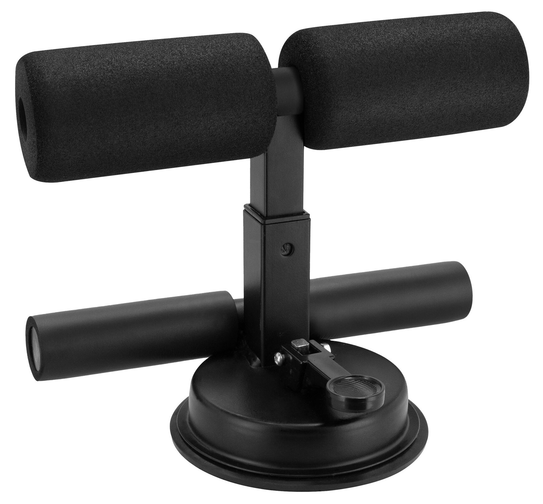 Czarny przyrząd do brzuszków. Ma piankowe rolki, centralne podparcie i podstawę z przyssawką.