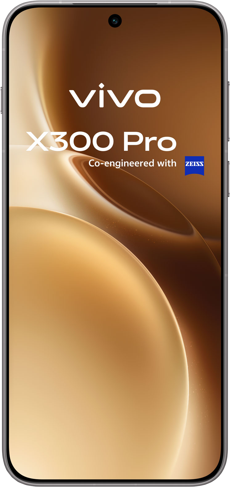 Ein Vivo X300 Pro Smartphone mit goldenem Farbverlauf. Das Telefon hat Vivo- und Zeiss-Logos.