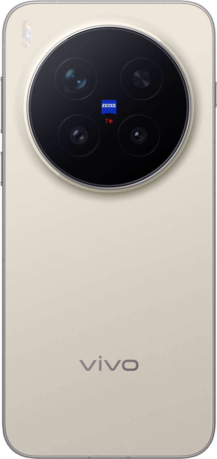 Rückseite des beigefarbenen Smartphones. Großes Kameramodul mit mehreren Linsen und Zeiss-Branding. Vivo-Logo unten.