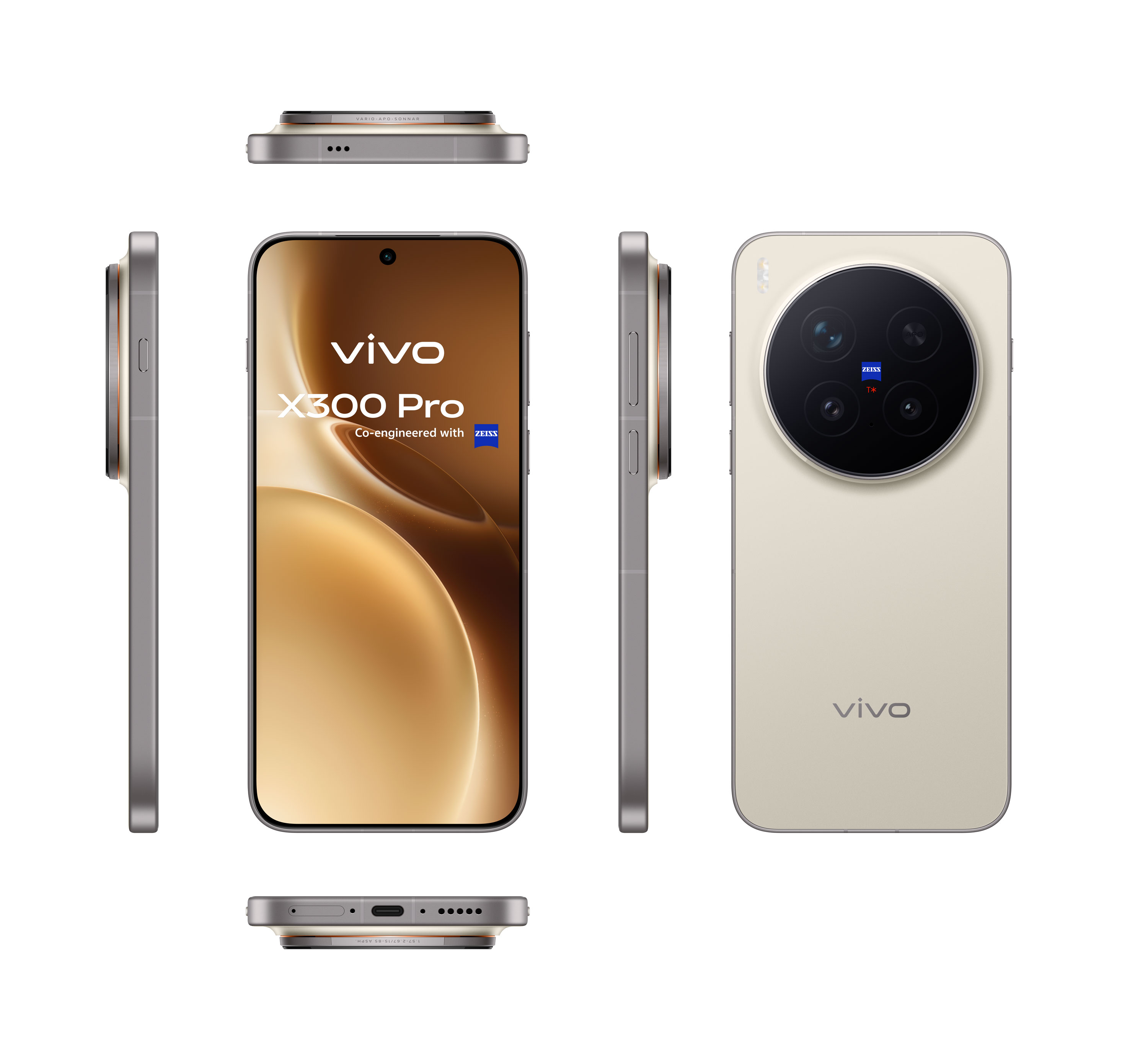 Das Vivo X300 Pro-Telefon wird aus verschiedenen Blickwinkeln dargestellt. Es ist beige und silber, mit dem Zeiss-Logo.