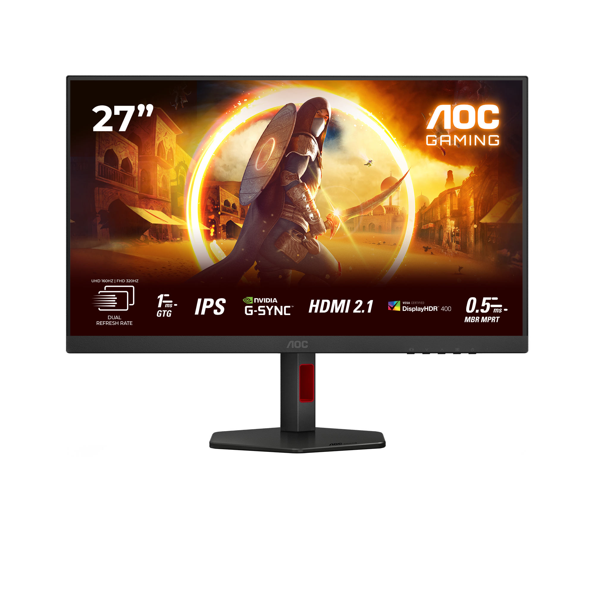AOC Gaming-Monitor. Enthält ein Kriegerbild und Spezifikationen wie 27", HDMI 2.1 und G-SYNC.