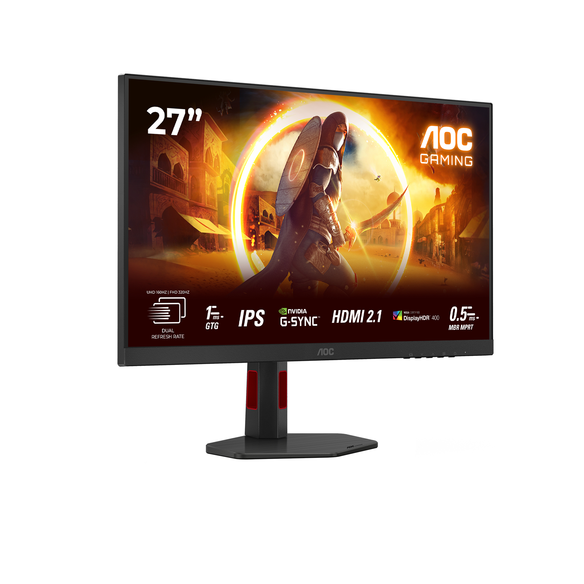 AOC-Gaming-Monitor. Er zeigt eine Spielszene mit einer Figur, die einen Schild hält. Der Monitor hat einen schwarzen Rahmen.