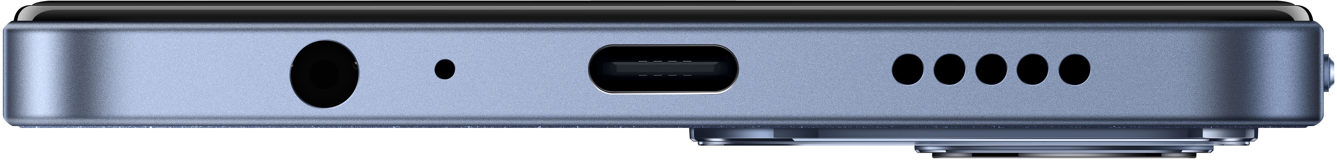 Gros plan du bord inférieur d'un téléphone. Il a une prise casque, un port USB-C, des trous de haut-parleur et un module caméra.