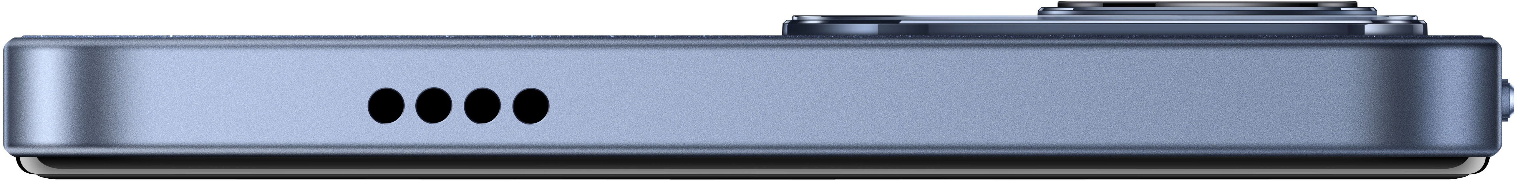 Vue latérale d'un téléphone bleu. Comporte un haut-parleur, une caméra et un design rectangulaire arrondi. Accents noirs.