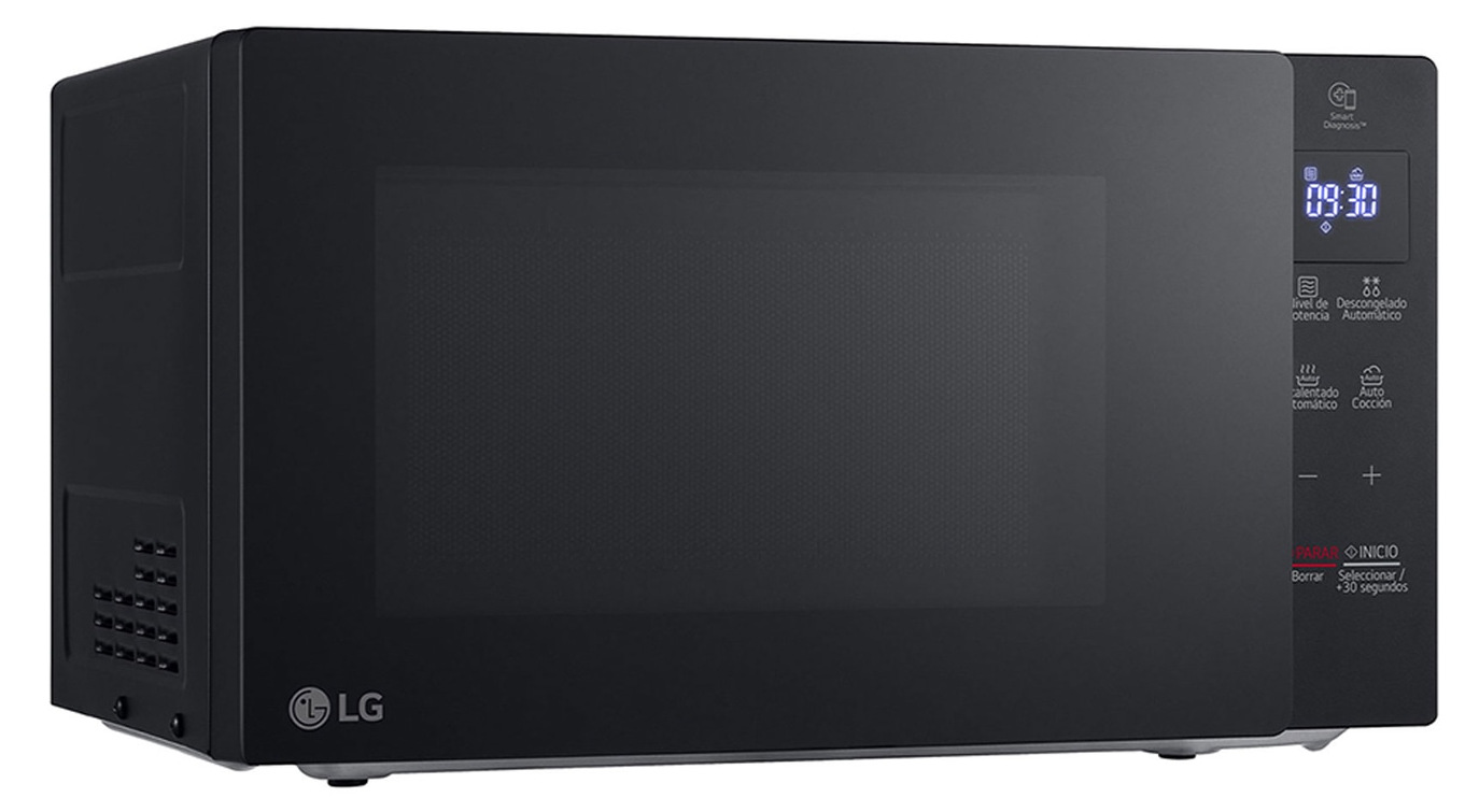Czarny piekarnik mikrofalowy LG. Posiada cyfrowy zegar wyświetlający 09:30. Panel sterowania po prawej stronie z przyciskami i logo w lewym dolnym rogu.