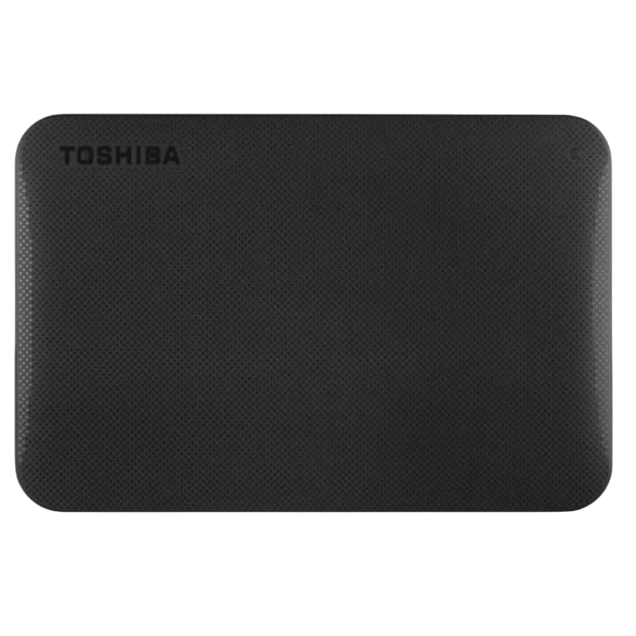 Siyah bir Toshiba harici sabit diski siyah bir arka plan üzerinde. Sürücü, üstte marka adı bulunan dokulu bir yüzeye sahiptir.